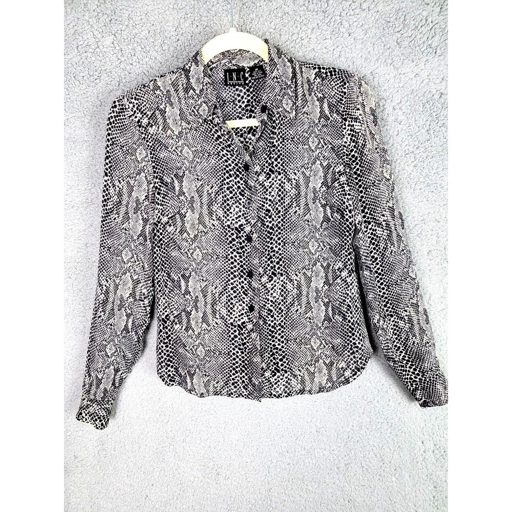 INC International Concepts Blouse 2P Black White Snakeskin Office Siren Silk